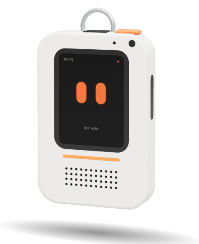 AuraBuddy: a small white pocket companion with two orange eyes on its screen